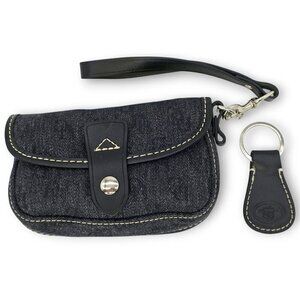 Vintage 90's Dooney & Bourke Denim DB Logo Wristlet Pouch Leather Strap Keyring